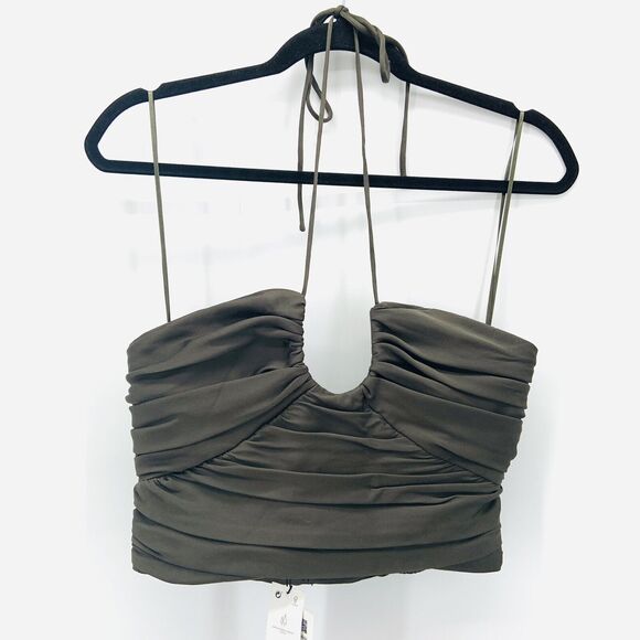 NEW Zara Satin Effect Draped Halter Top Womens M Crop Green Club Dance Date Glam - Picture 2 of 11